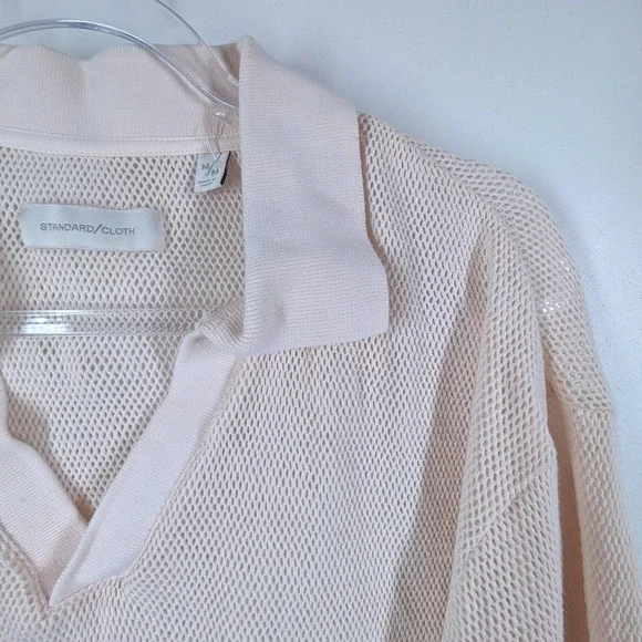 UA Standard Cloth Cream Open Knit Cropped Polo Short Sleeve V-Neck Shirt Beige - Picture 5 of 6